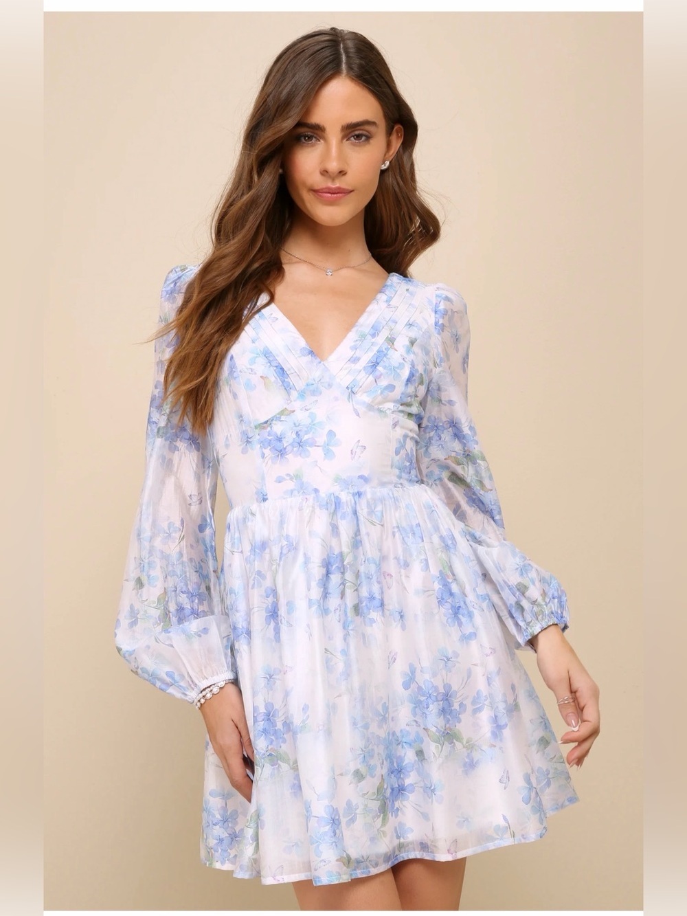 Lulu's Pale Blue Floral V-Neck Long Sleeve Mini Dress